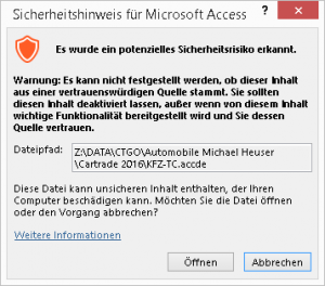 Sicherheitshinweis für Microsoft Access
