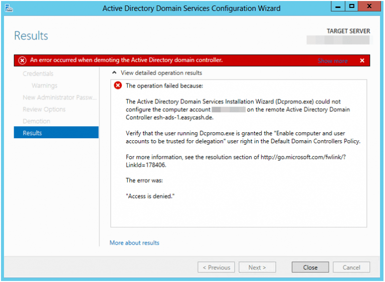 Server 2012 Domain Controller Herabstufung demote access denied Der