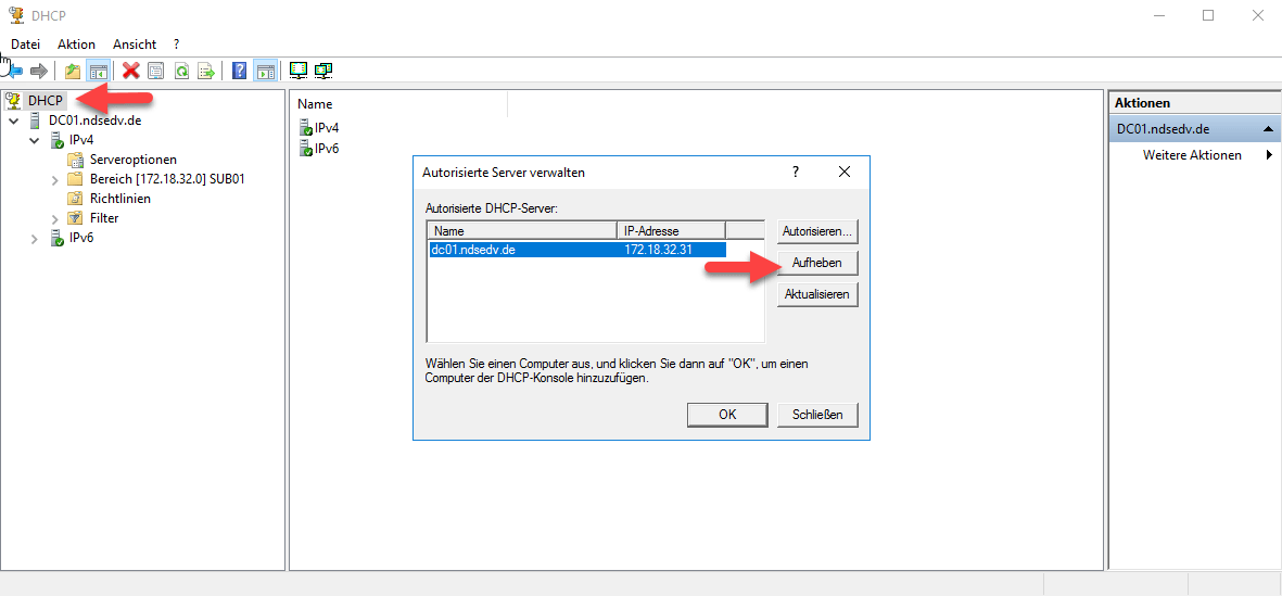 DHCP Server Autorisierung aufheben