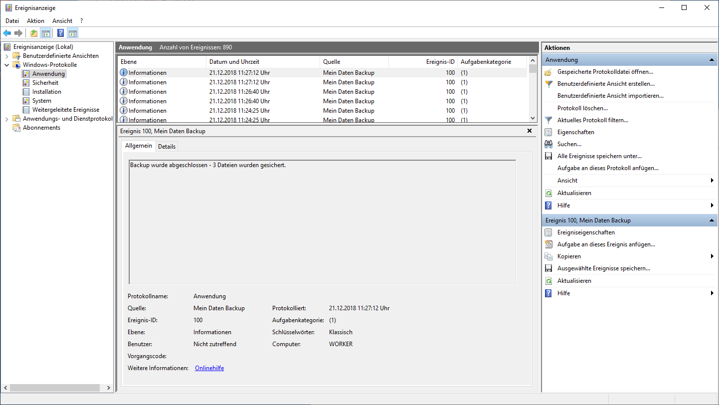 Datei Backup und Log Eintrag