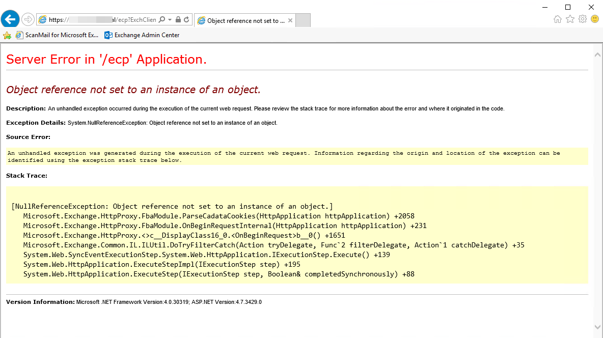 Exchange object reference not set to an instance of an object