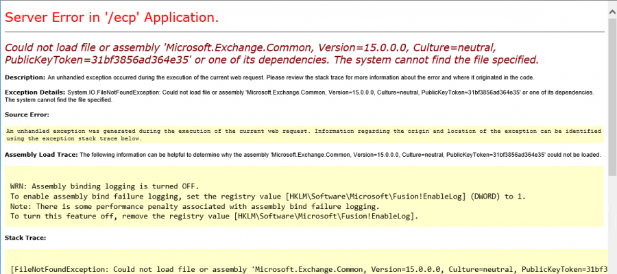 Could not load file or assembly Microsoft.Exchange.Common