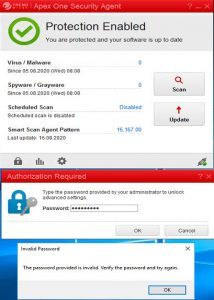 Trend Micro ApexOne The password provided is invalid