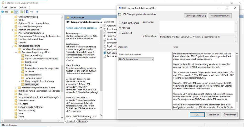 TCP für RDP per Richtlinie forcieren TCP für RDP per Richtlinie forcieren