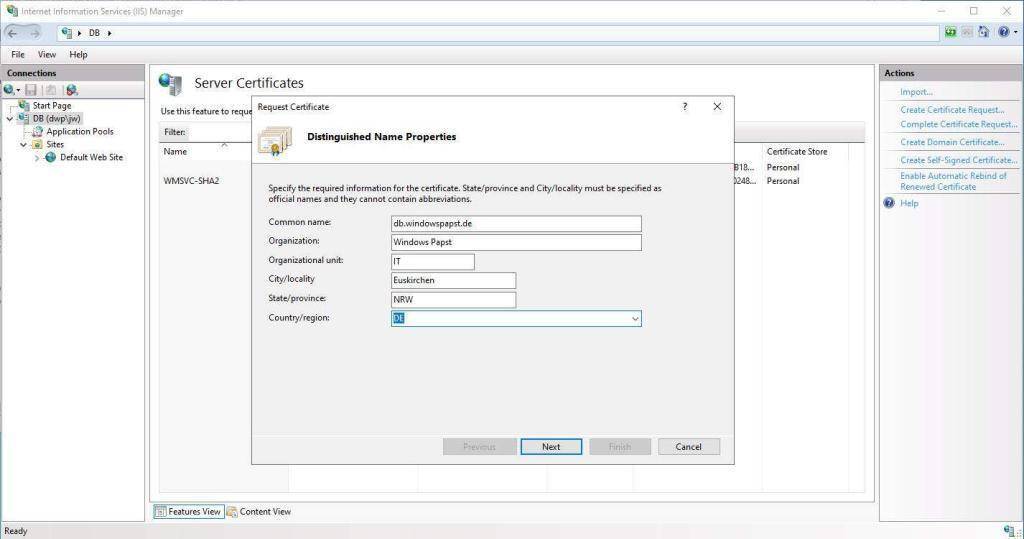 IIS Manager Certificate Request