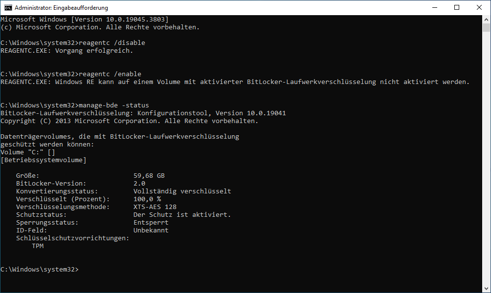 Windows RE kann auf einem Volume mit aktivierter BitLocker-Laufwerkverschlüsselung nicht aktiviert werden.