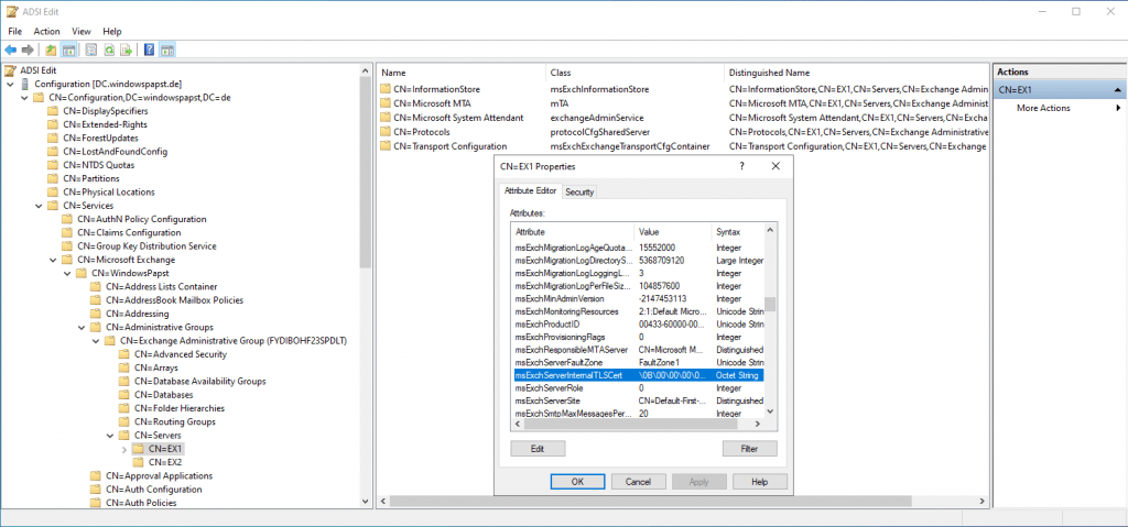 ADSIEDIT msExchServerInternalTLSCert