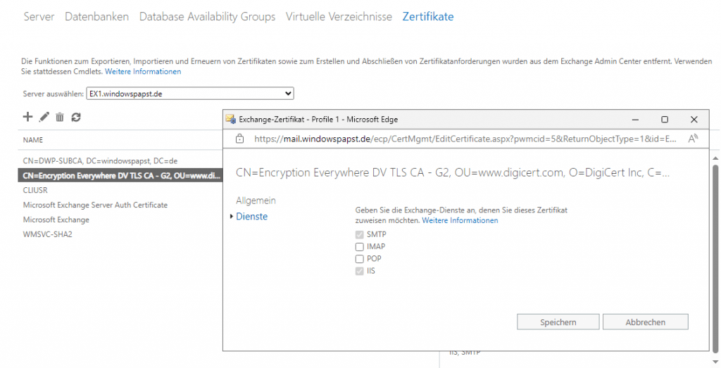 Exchange Server Verwendung von Zertifikaten