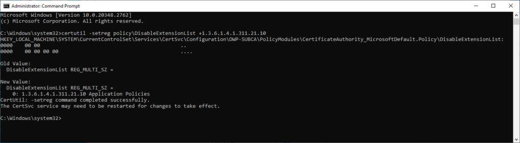 Disable Application Policies Certificate Authority