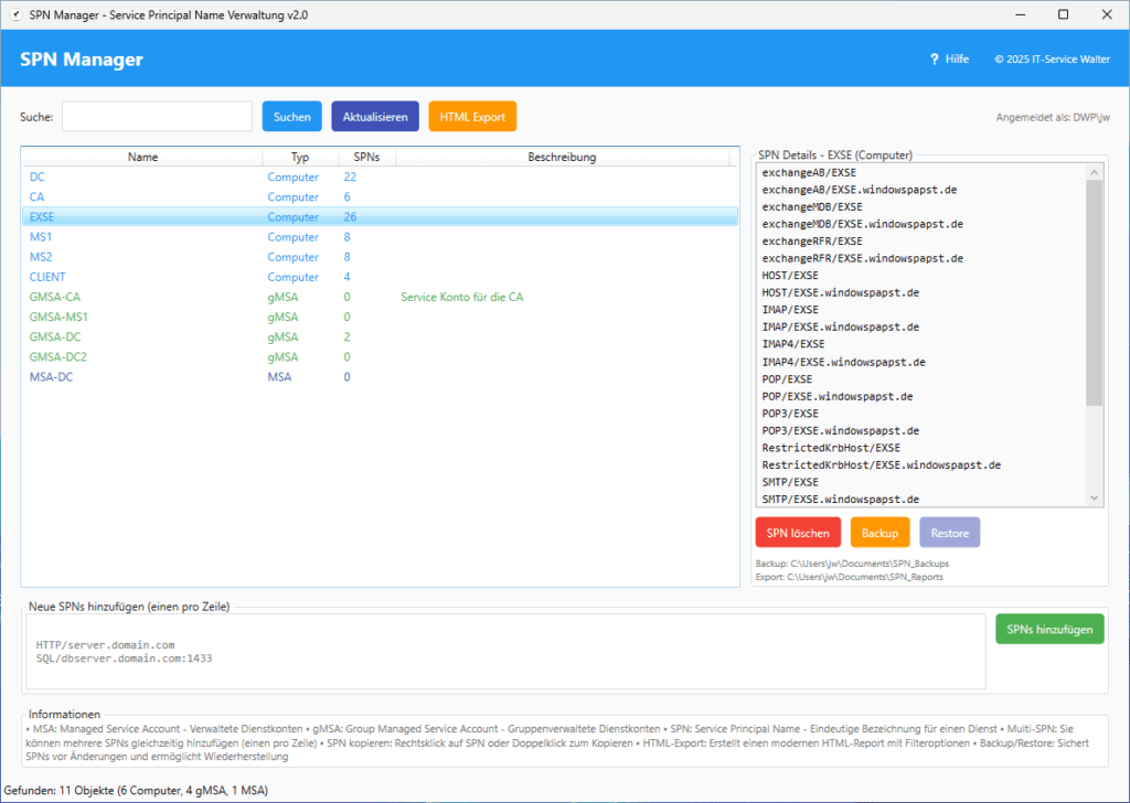 Programmoberfläche SPN Manager Programmoberfläche SPN Manager