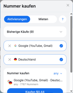 Virtuelle Telefonnummer auswählen